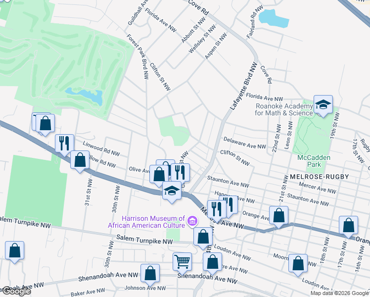 map of restaurants, bars, coffee shops, grocery stores, and more near 1030 NW Crescent St in Roanoke