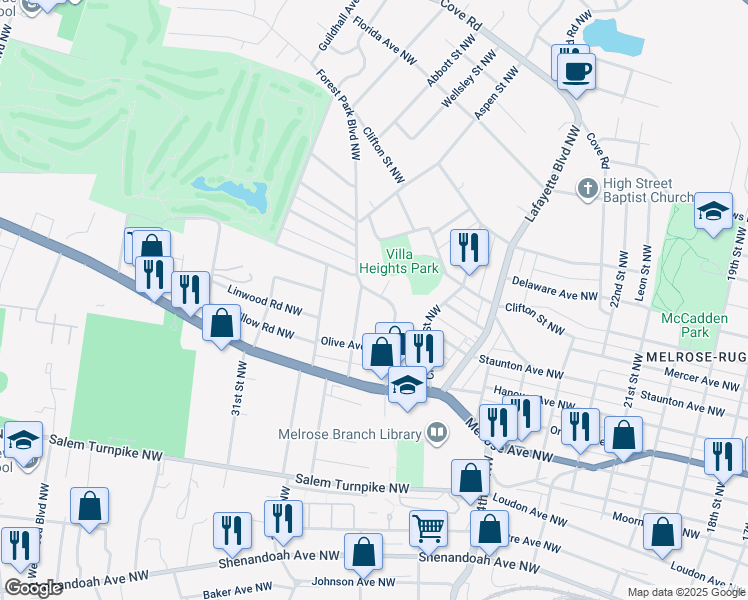 map of restaurants, bars, coffee shops, grocery stores, and more near 1102 Forest Park Boulevard Northwest in Roanoke