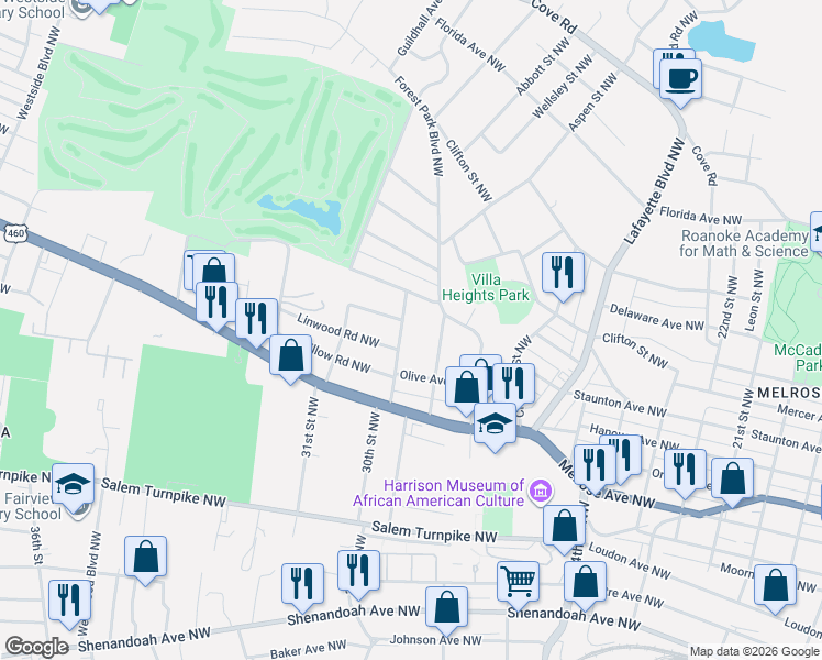 map of restaurants, bars, coffee shops, grocery stores, and more near 1045 Palmetto Street Northwest in Roanoke