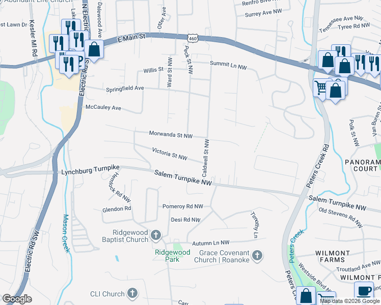 map of restaurants, bars, coffee shops, grocery stores, and more near 5015 Victoria Street Northwest in Roanoke