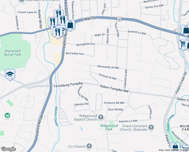 map of restaurants, bars, coffee shops, grocery stores, and more near 5236 Victoria Street Northwest in Roanoke