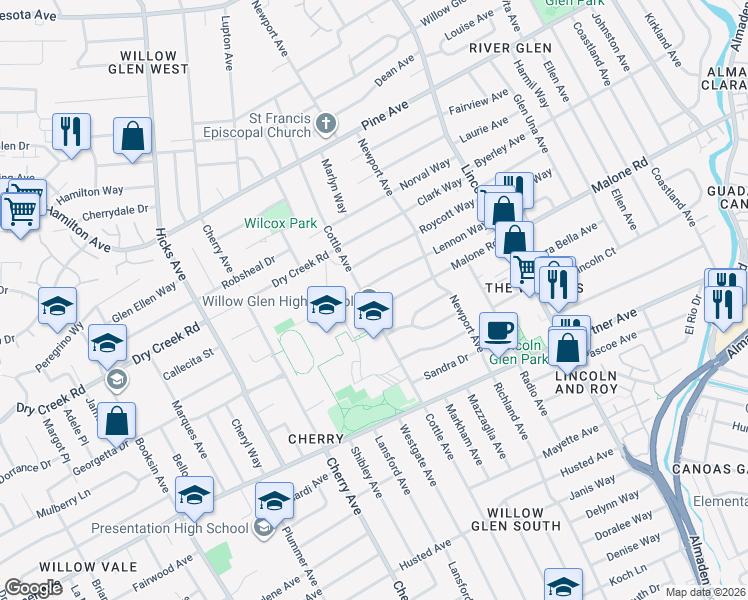 map of restaurants, bars, coffee shops, grocery stores, and more near 1986 Cottle Avenue in San Jose