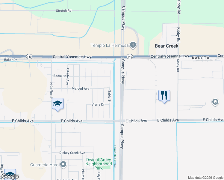 map of restaurants, bars, coffee shops, grocery stores, and more near 198 Sable Street in Merced