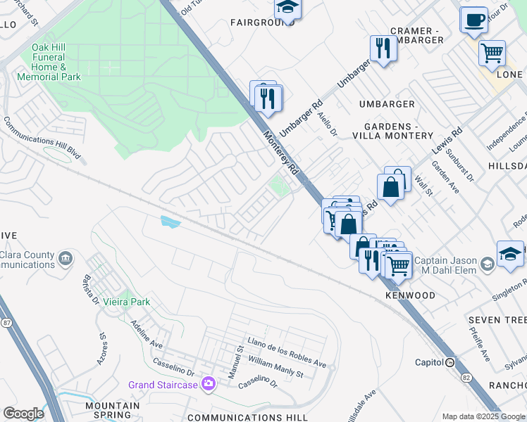 map of restaurants, bars, coffee shops, grocery stores, and more near 73 Montecito Vista Drive in San Jose
