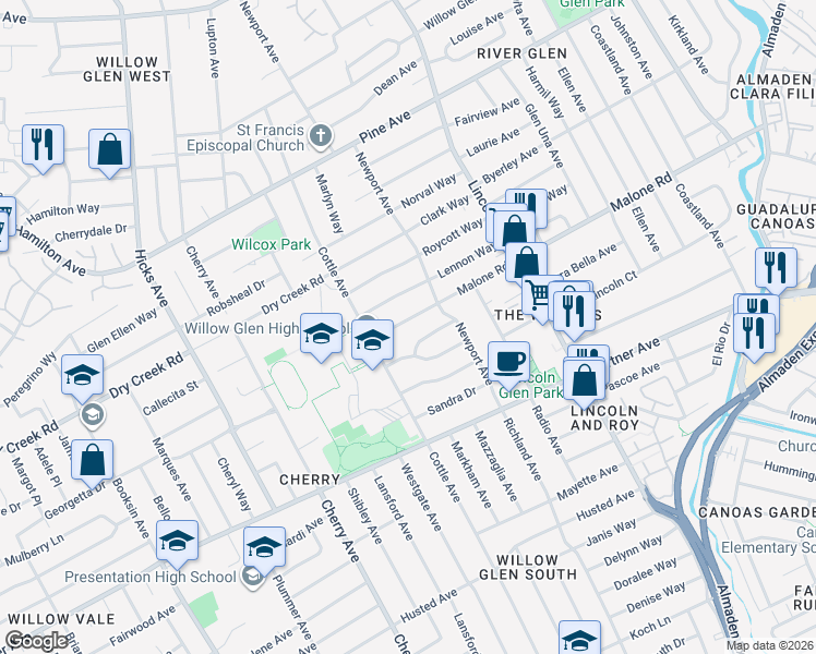 map of restaurants, bars, coffee shops, grocery stores, and more near 1248 Malone Road in San Jose