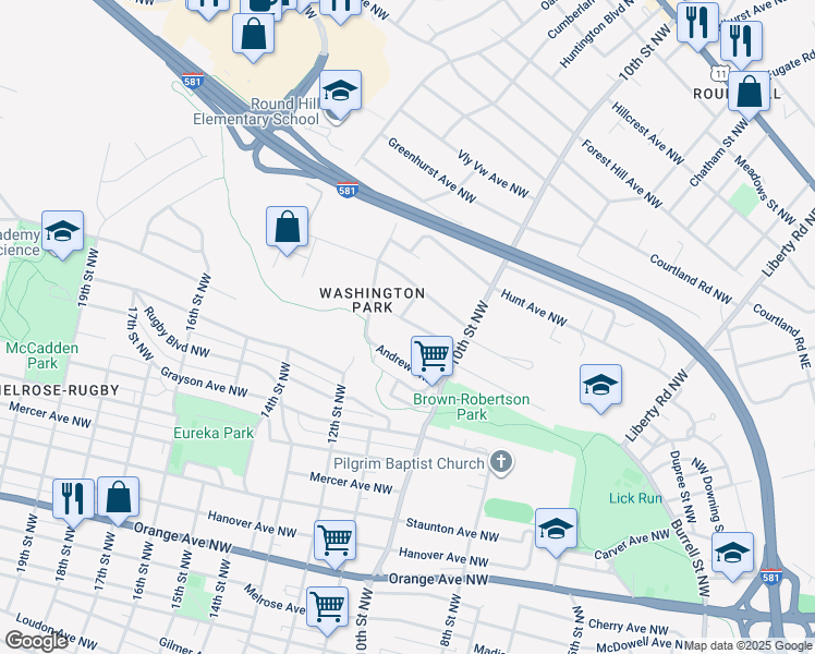 map of restaurants, bars, coffee shops, grocery stores, and more near 1052 Alview Avenue Northwest in Roanoke
