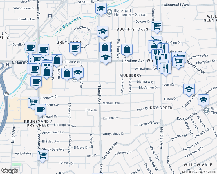 map of restaurants, bars, coffee shops, grocery stores, and more near 1949 Cronwell Drive in San Jose