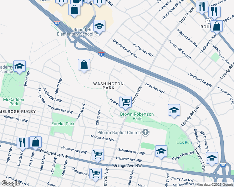 map of restaurants, bars, coffee shops, grocery stores, and more near 1056 Alview Avenue Northwest in Roanoke