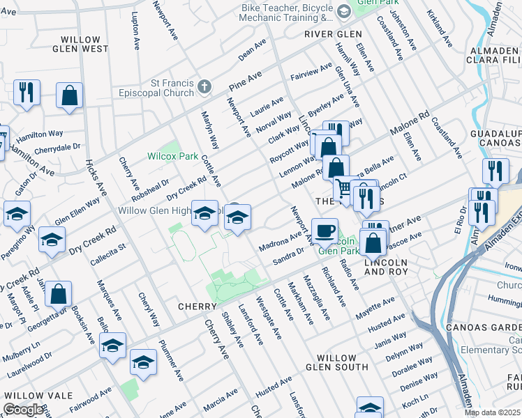 map of restaurants, bars, coffee shops, grocery stores, and more near 1248 Malone Road in San Jose