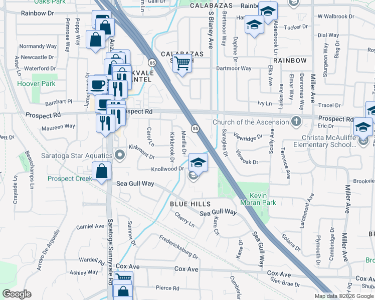 map of restaurants, bars, coffee shops, grocery stores, and more near 12153 Marilla Drive in Saratoga
