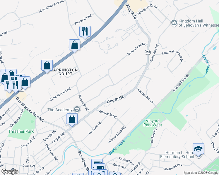 map of restaurants, bars, coffee shops, grocery stores, and more near 3023 Belle Avenue Northeast in Roanoke