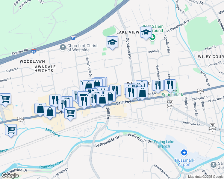 map of restaurants, bars, coffee shops, grocery stores, and more near 1355 West Main Street in Salem