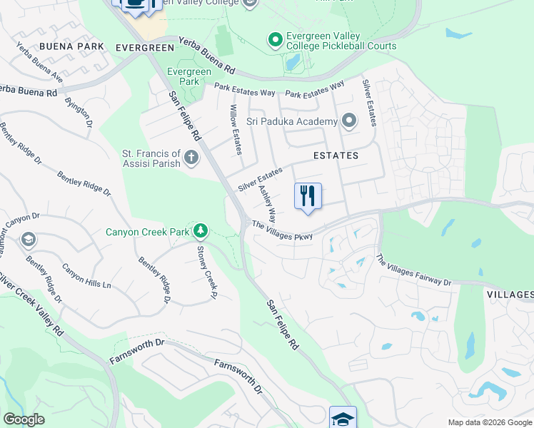 map of restaurants, bars, coffee shops, grocery stores, and more near 5293 Ashley Way in San Jose
