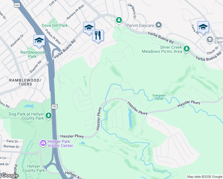 map of restaurants, bars, coffee shops, grocery stores, and more near 1531 Rangewood Drive in San Jose