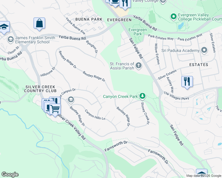 map of restaurants, bars, coffee shops, grocery stores, and more near 2276 Bentley Ridge Drive in San Jose