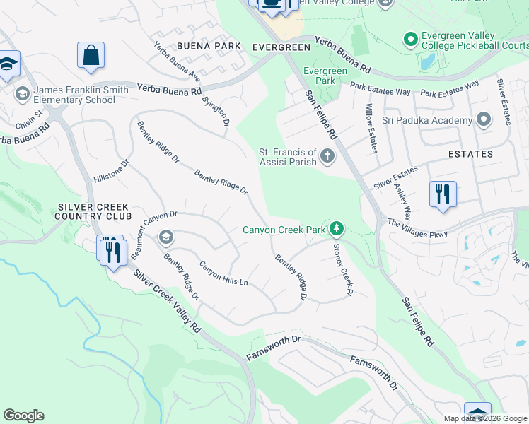 map of restaurants, bars, coffee shops, grocery stores, and more near 2276 Bentley Ridge Drive in San Jose
