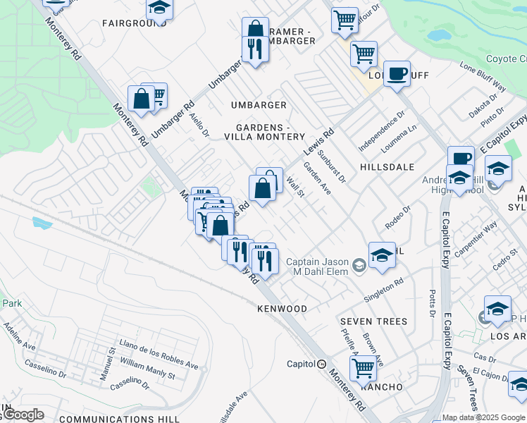 map of restaurants, bars, coffee shops, grocery stores, and more near 140 Lewis Road in San Jose