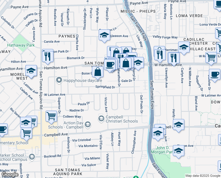 map of restaurants, bars, coffee shops, grocery stores, and more near 970 Springfield Drive in Campbell