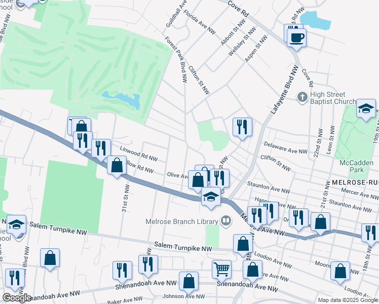 map of restaurants, bars, coffee shops, grocery stores, and more near 1047 Palm Avenue Northwest in Roanoke