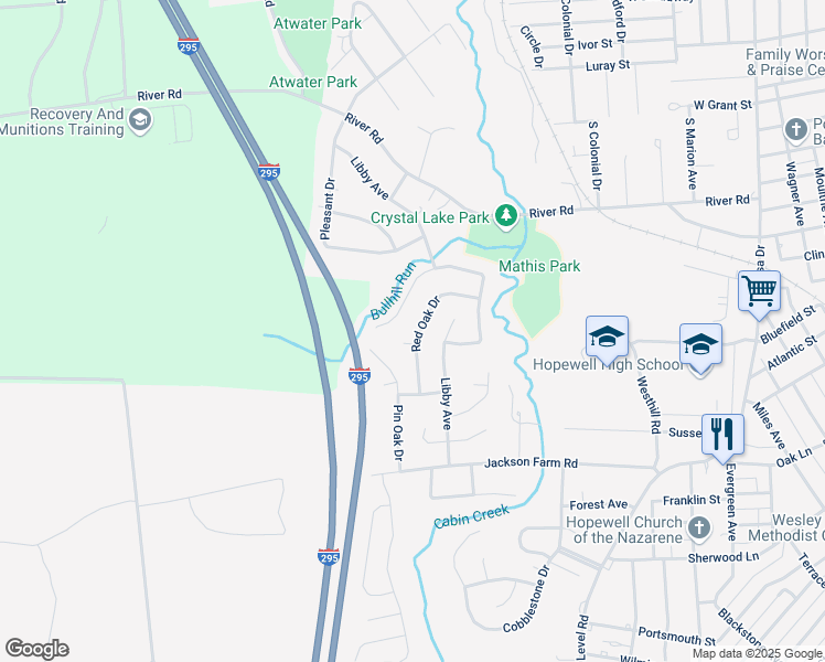 map of restaurants, bars, coffee shops, grocery stores, and more near 372 Red Oak Drive in Hopewell