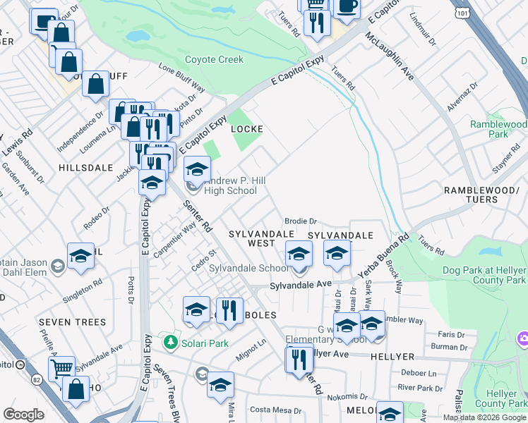 map of restaurants, bars, coffee shops, grocery stores, and more near 691 Swallow Drive in San Jose