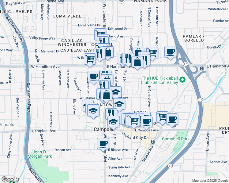 map of restaurants, bars, coffee shops, grocery stores, and more near 293 Esther Avenue in Campbell