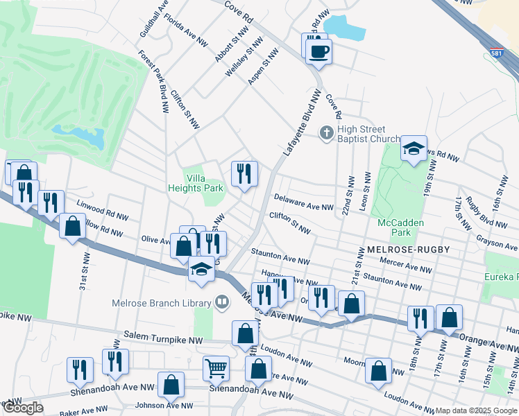 map of restaurants, bars, coffee shops, grocery stores, and more near 1202 Lafayette Boulevard Northwest in Roanoke