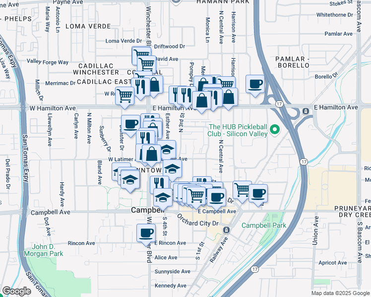 map of restaurants, bars, coffee shops, grocery stores, and more near 314 North 3rd Street in Campbell