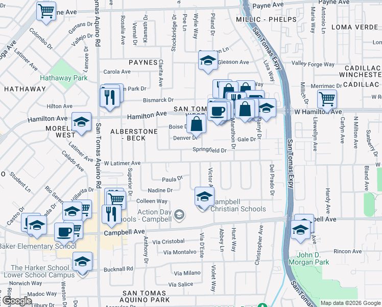 map of restaurants, bars, coffee shops, grocery stores, and more near 1120 Springfield Drive in Campbell