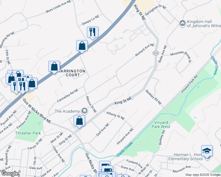 map of restaurants, bars, coffee shops, grocery stores, and more near 2929 Richard Avenue Northeast in Roanoke