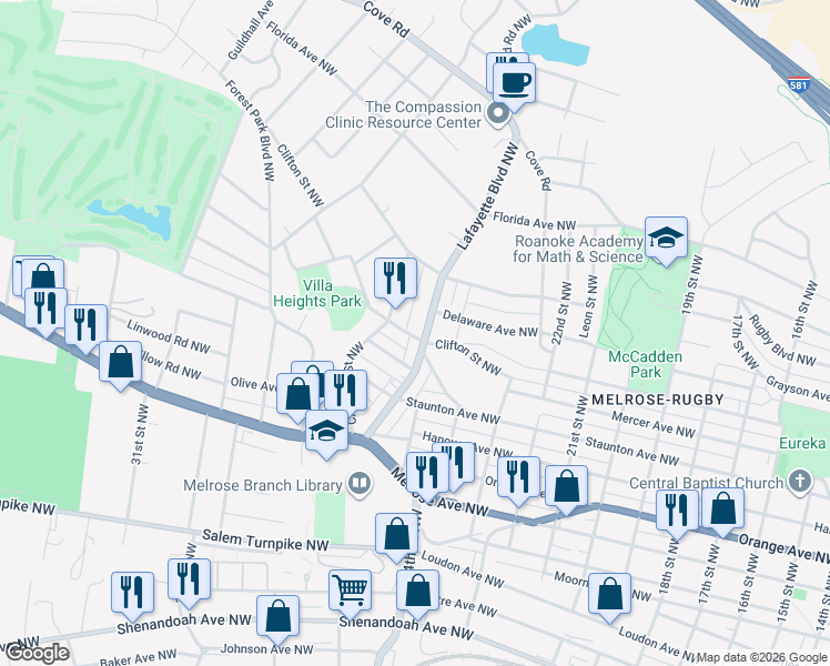 map of restaurants, bars, coffee shops, grocery stores, and more near 1211 Lafayette Boulevard Northwest in Roanoke