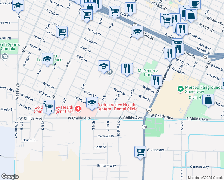 map of restaurants, bars, coffee shops, grocery stores, and more near 644 West 6th Street in Merced