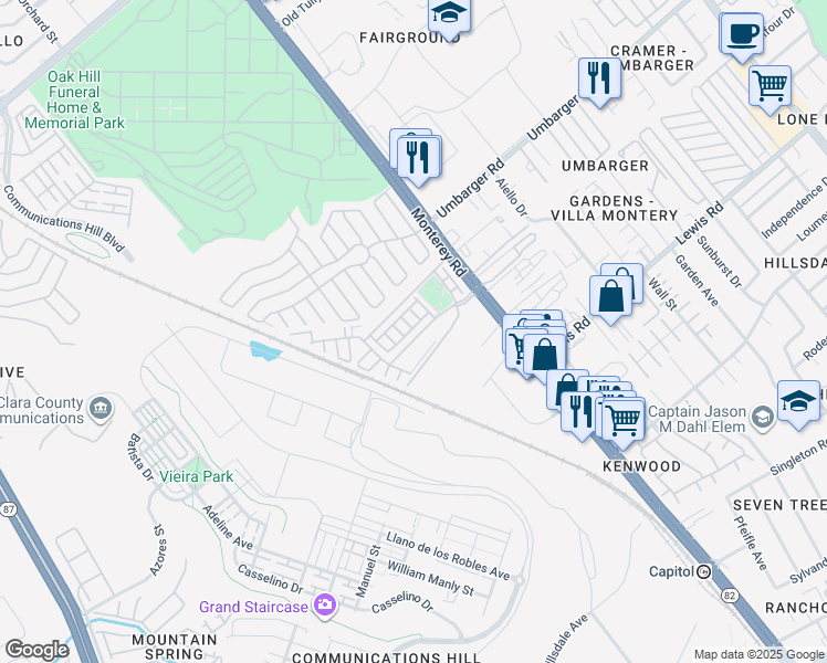 map of restaurants, bars, coffee shops, grocery stores, and more near 73 Montecito Vista Drive in San Jose