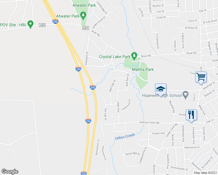 map of restaurants, bars, coffee shops, grocery stores, and more near 372 Red Oak Drive in Hopewell