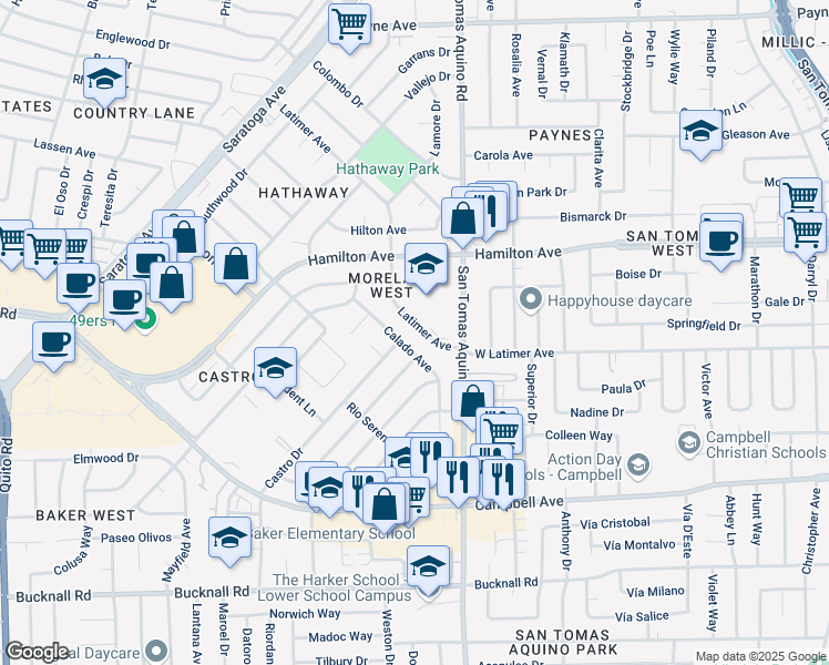 map of restaurants, bars, coffee shops, grocery stores, and more near 4260 Latimer Avenue in San Jose