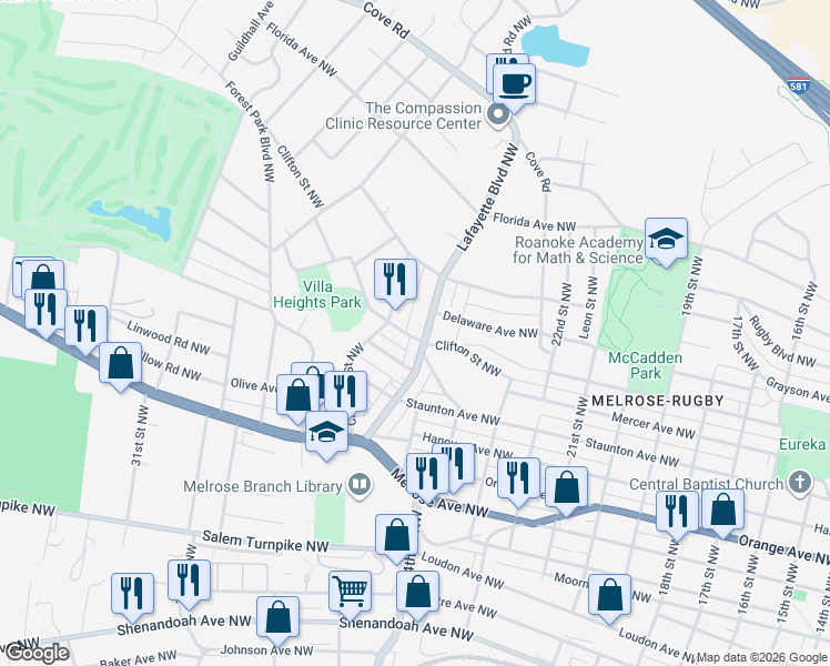 map of restaurants, bars, coffee shops, grocery stores, and more near 1211 Lafayette Boulevard Northwest in Roanoke