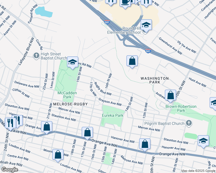 map of restaurants, bars, coffee shops, grocery stores, and more near 1546 Syracuse Avenue Northwest in Roanoke