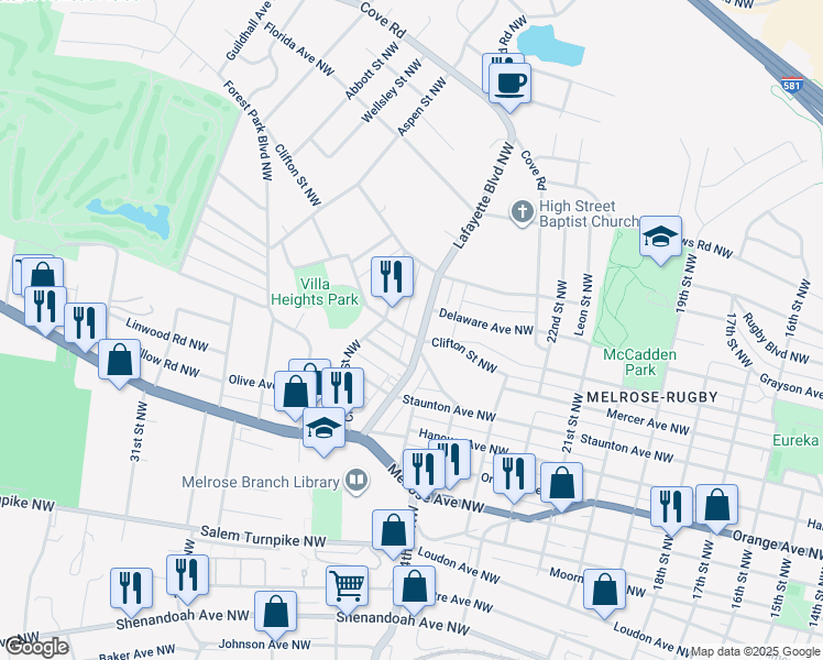 map of restaurants, bars, coffee shops, grocery stores, and more near 1202 Lafayette Boulevard Northwest in Roanoke