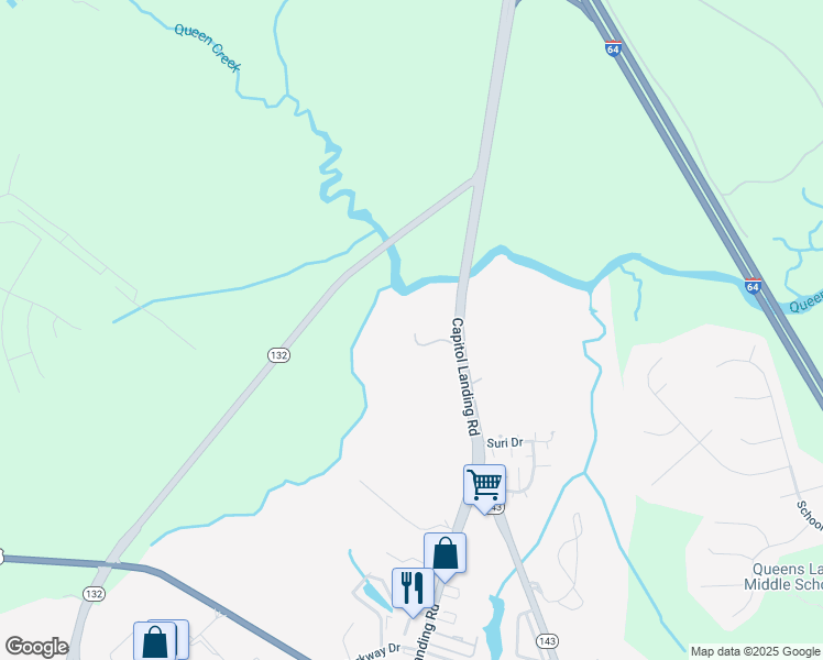 map of restaurants, bars, coffee shops, grocery stores, and more near 1037 Capitol Landing Road in Williamsburg
