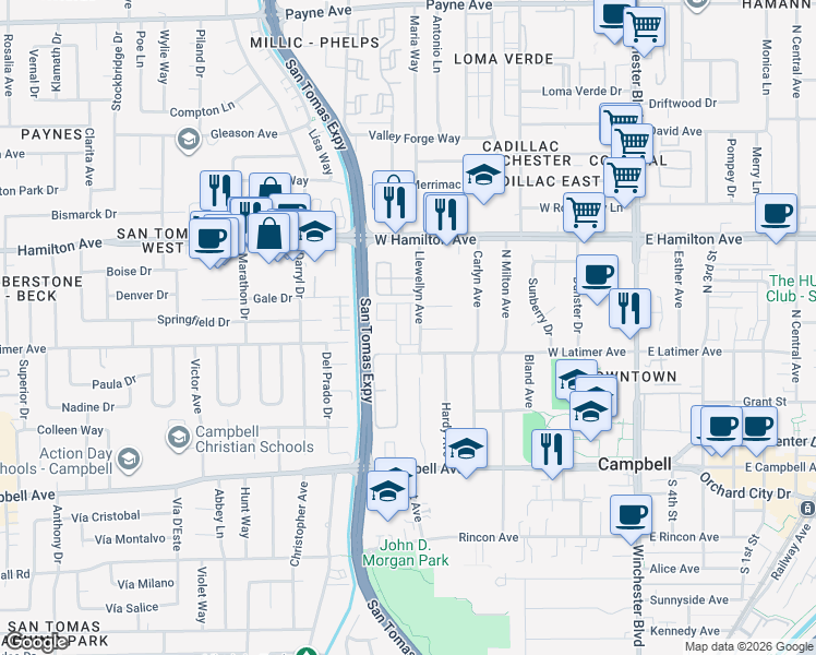 map of restaurants, bars, coffee shops, grocery stores, and more near 279 Wagon Way in Campbell