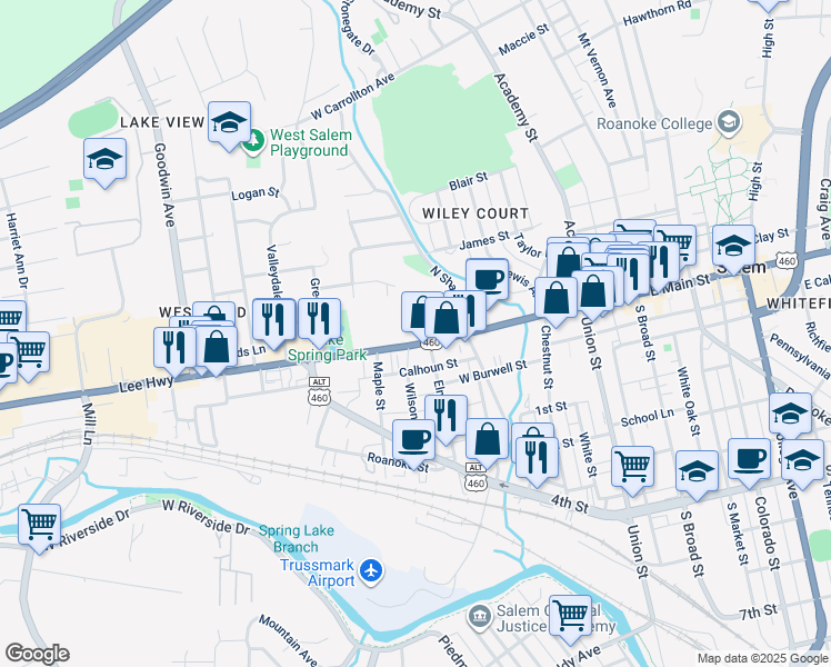 map of restaurants, bars, coffee shops, grocery stores, and more near 601 West Main Street in Salem