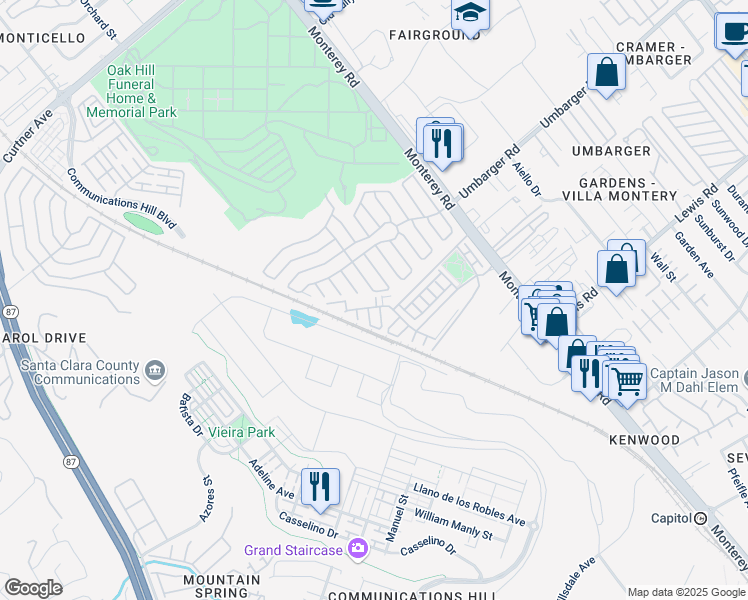 map of restaurants, bars, coffee shops, grocery stores, and more near 269 Esfahan Court in San Jose