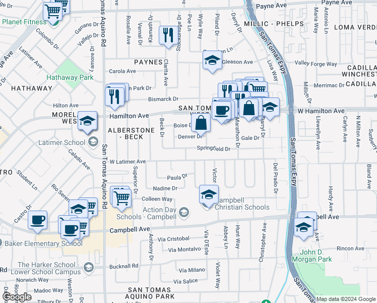 map of restaurants, bars, coffee shops, grocery stores, and more near 1120 Springfield Drive in Campbell