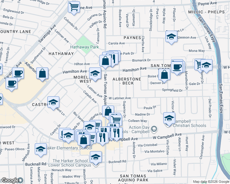 map of restaurants, bars, coffee shops, grocery stores, and more near 1718 Cassiar Drive in San Jose