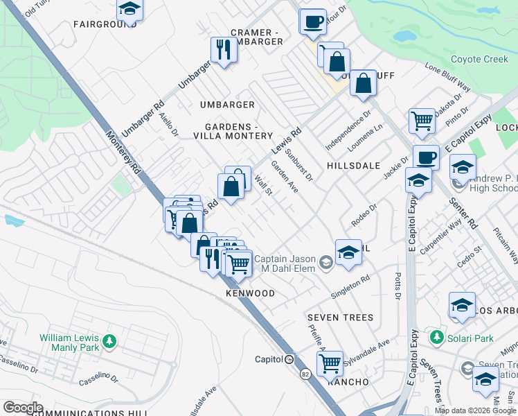 map of restaurants, bars, coffee shops, grocery stores, and more near 2982 Angeloni Place in San Jose