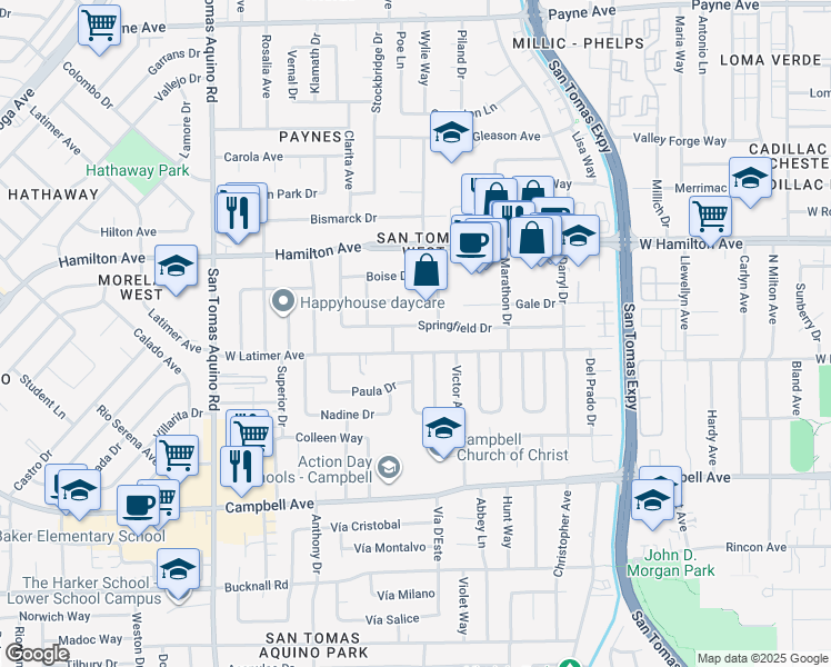 map of restaurants, bars, coffee shops, grocery stores, and more near 1120 Springfield Drive in Campbell