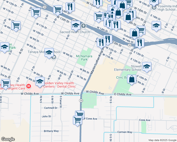 map of restaurants, bars, coffee shops, grocery stores, and more near 323 West 8th Street in Merced