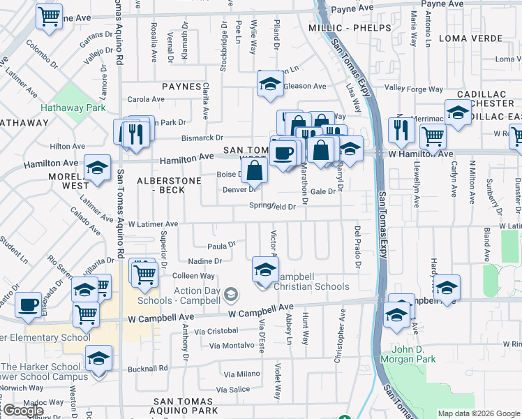 map of restaurants, bars, coffee shops, grocery stores, and more near 1038 Springfield Drive in Campbell