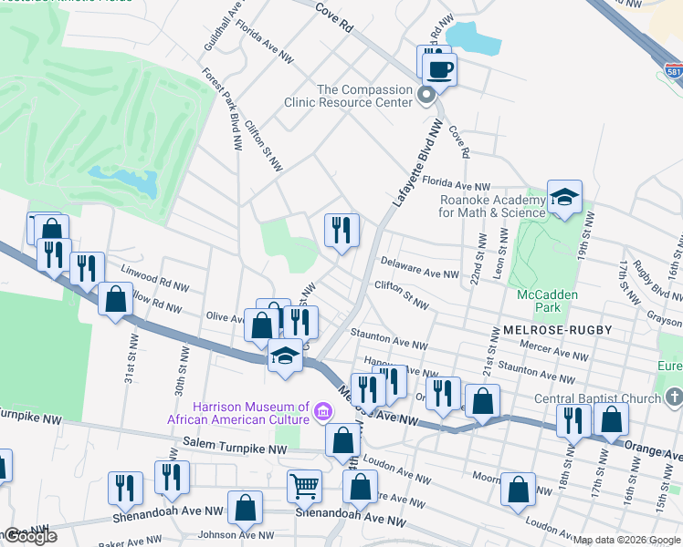 map of restaurants, bars, coffee shops, grocery stores, and more near 2628 Clifton Street Northwest in Roanoke