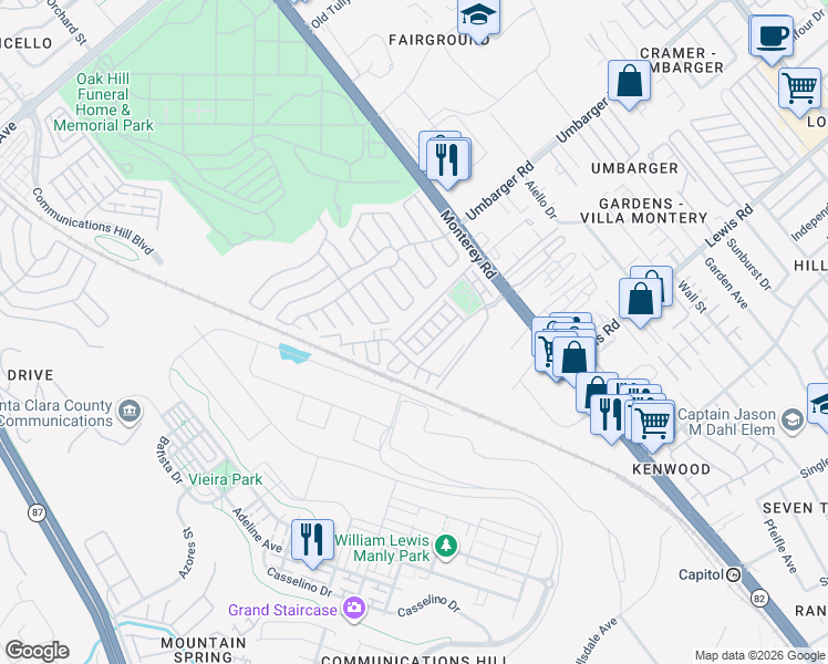 map of restaurants, bars, coffee shops, grocery stores, and more near 198 Esfahan Drive in San Jose